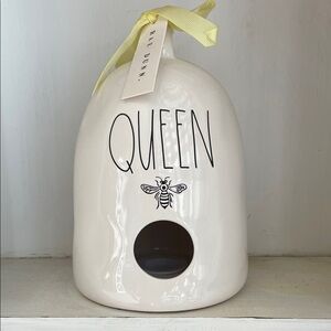 Rae Dunn Cream Bee House with 'QUEEN' Script and Yellow Ribbon